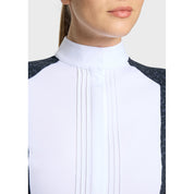 Close-up front view of a female model wearing the Anthracite Drop Samshield Gretta Short Sleeve Show Shirt on a plain background