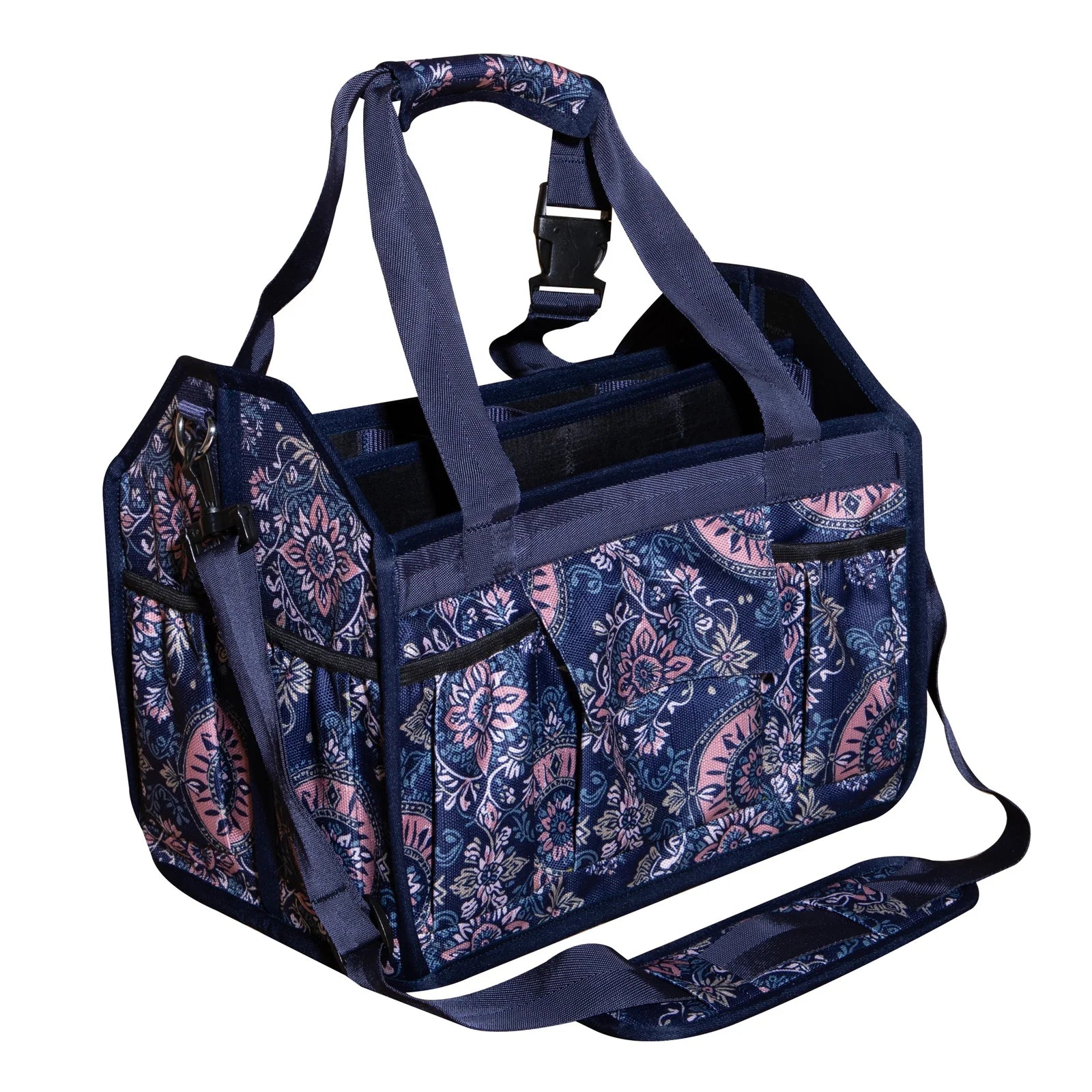 Fabric grooming tote with paisley print with handles shown on plain white background