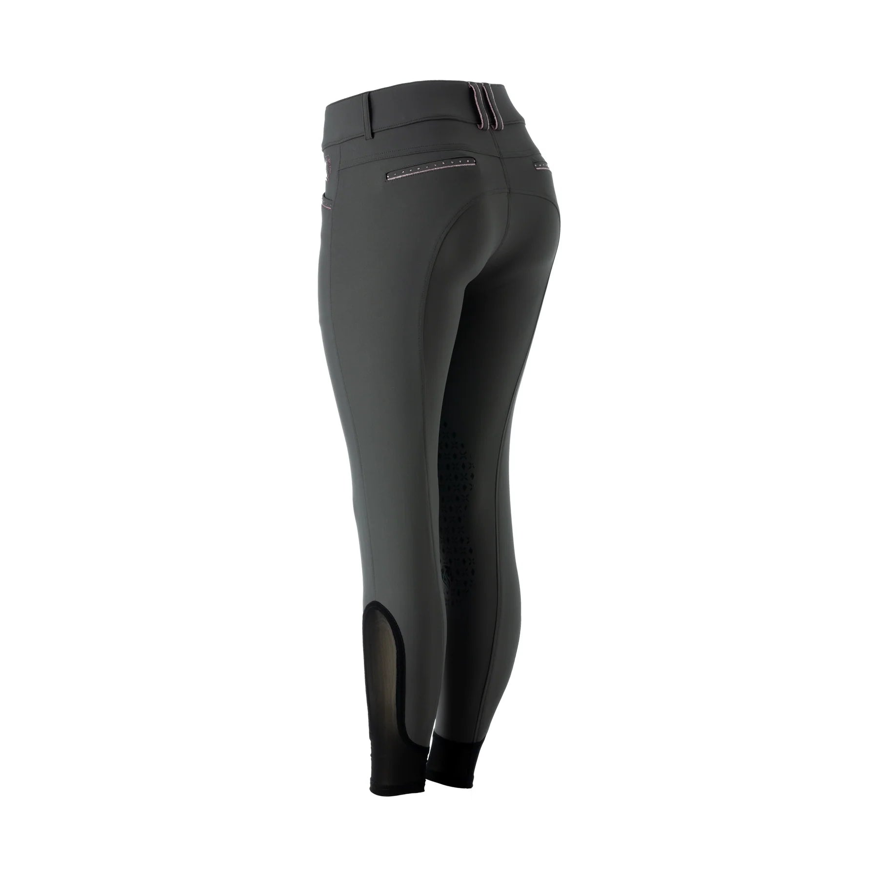 Angled back view of the Carbon/Orchid Equinavia Victoria Knee Patch Breeches on a plain background
