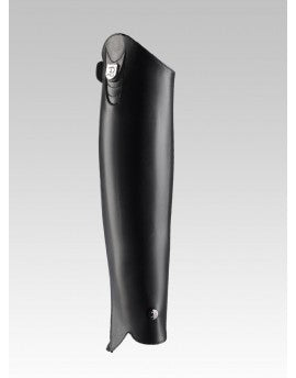 Smooth black leather half chap with top stitching and chrome emblem shown on light grey plain background