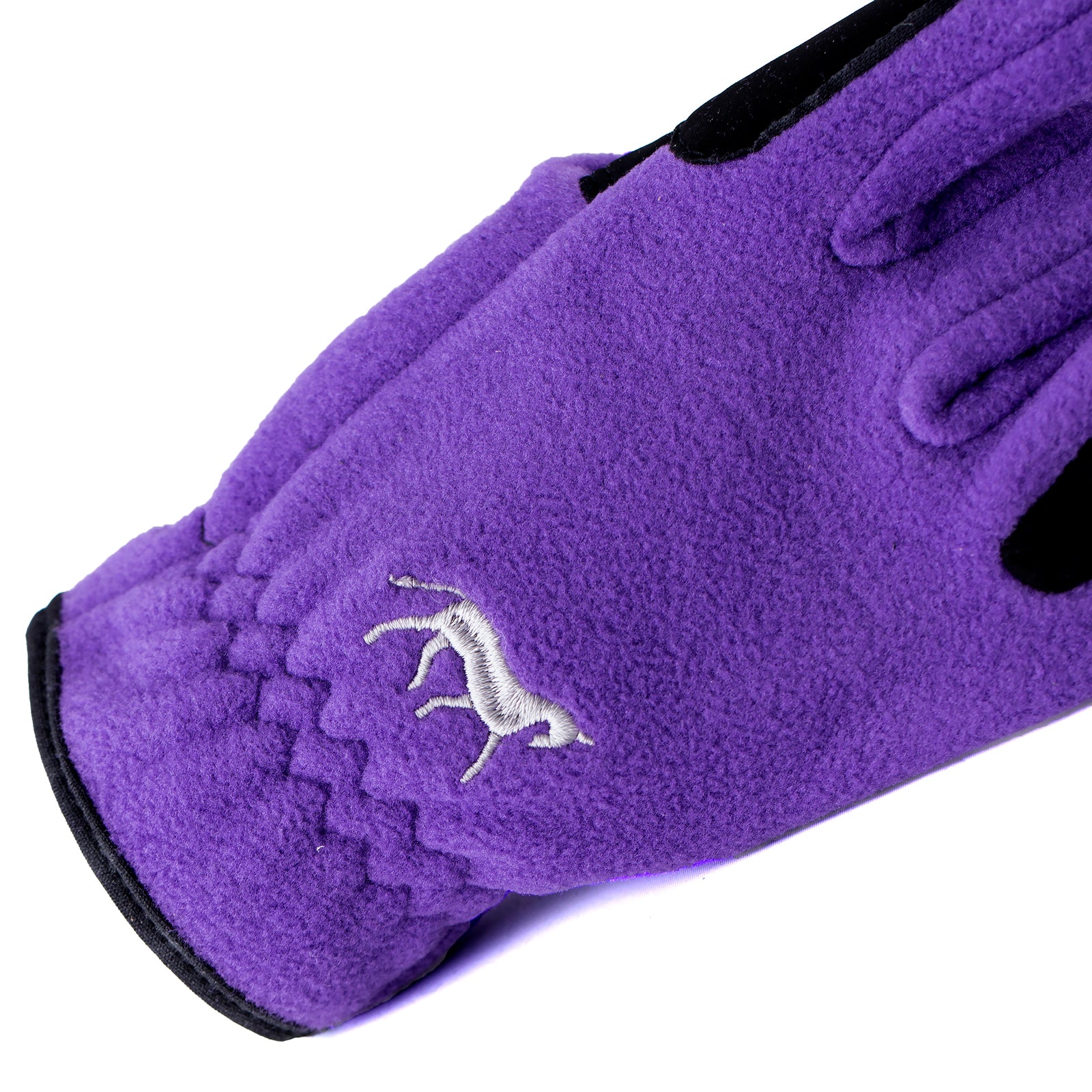 Close-up view of the logo on the Violet Horze Kids Fleece Gloves on a white background