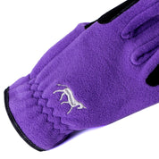 Close-up view of the logo on the Violet Horze Kids Fleece Gloves on a white background