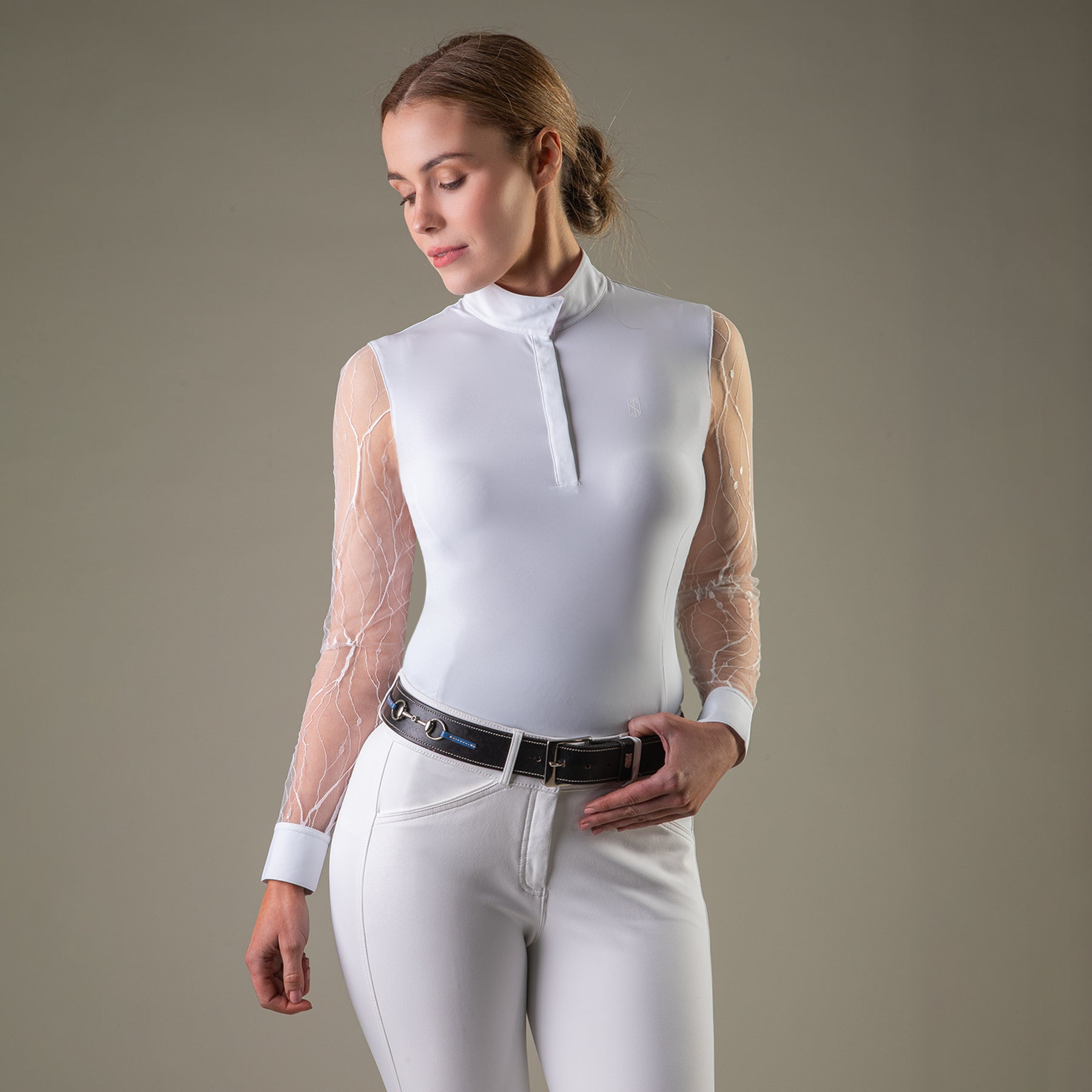 Front view of a female model wearing the Tredstep Ireland Monaco Air Long Sleeve Show Shirt on a plain background