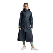 Front view of a model wearing the Navy Horze Hazel Womens Long Raincoat on a plain background