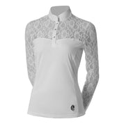 Front view of the white Equinavia Lisa Lace Long Sleeve Show Shirt on a white background