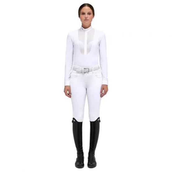 White long sleeve lace bib show shirt shown on model