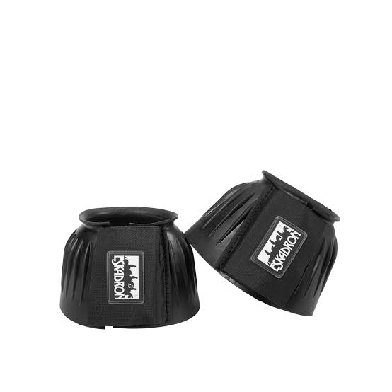 Pair of black ribbed rubber bell boots with velcro and white logo shown on white background