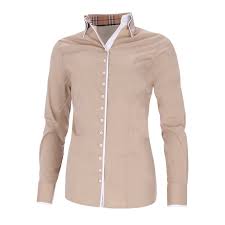 Tan button up blouse with white trim and inner plaid print shown on plain white background