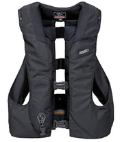 Black fabric airbag vest with straps shown on plain white background