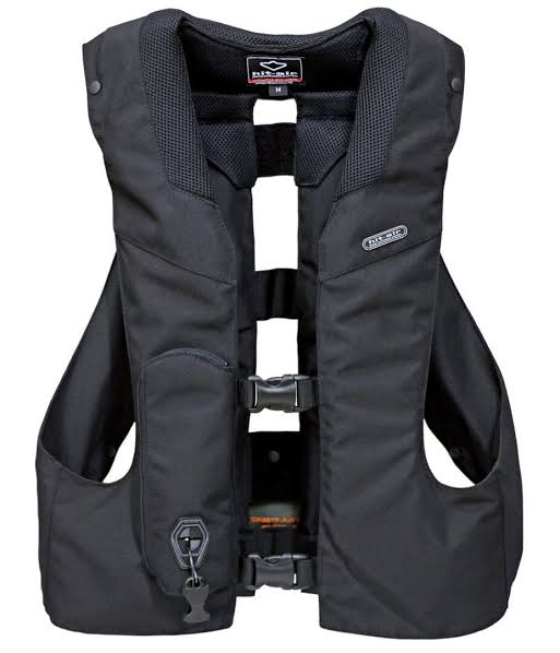 Black fabric airbag vest with straps shown on plain white background