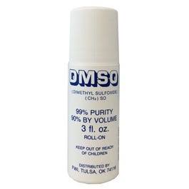 A white cylindrical roll-on bottle of DMSO (dimethyl sulfoxide) with a white cap, featuring blue and black text on a white label, set against a plain white background.