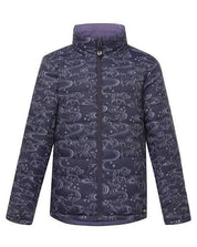Youth quilted puffer coat with purple horse print shown on plain white background