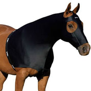 A brown horse wearing a black fly mask and neck cover against a plain white background.