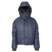 Navy with print reverible puffer jacket with hood shown on plain white background