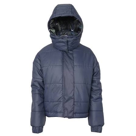Navy with print reverible puffer jacket with hood shown on plain white background