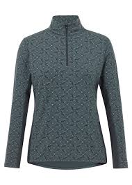 Light green quarter zip long sleeve baselayer with grey geometric print shown on model