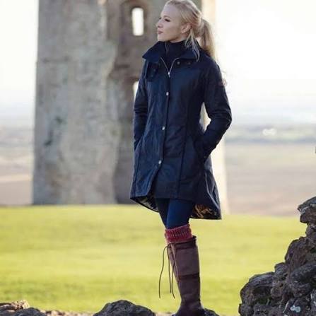 Long Navy waxed button up coat shown on model with natural background