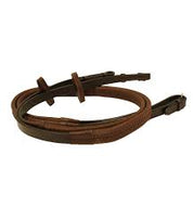 Brown rubber and leather reins shown coiled on plain white background