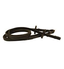 Black rubber and leather reins shown coiled on plain white background