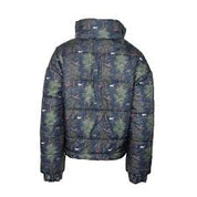 Navy with print reverible puffer jacket with hood shown on plain white background