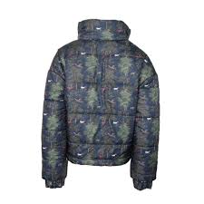 Navy with print reverible puffer jacket with hood shown on plain white background