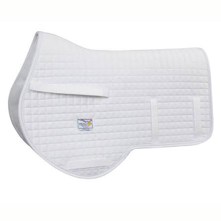 A white quilted equestrian saddle pad with a padded strap and a small brand label, shown on a plain white background.