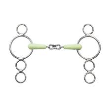 A silver metal horse bit with a light green nose piece and a central swivel, isolated on a white background.