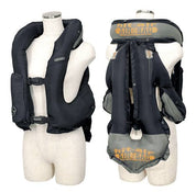 Black fabric airbag vest with straps shown on mannequin inflated with front and rear view shown on plain white background
