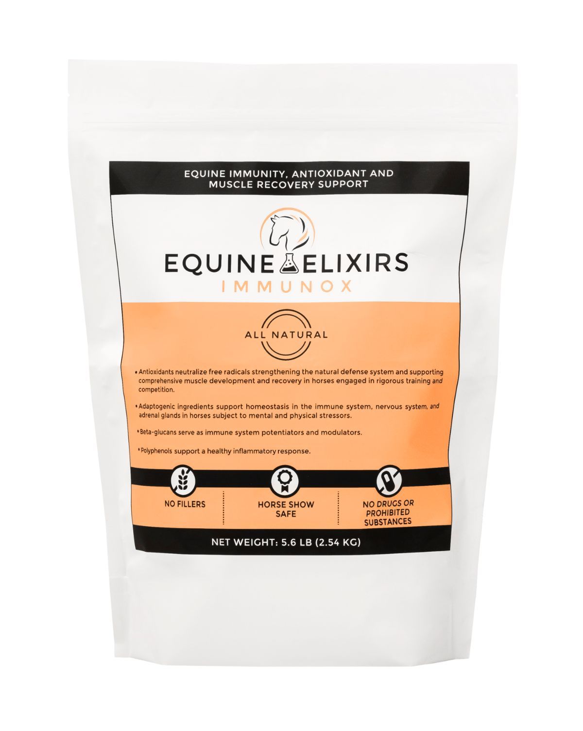 Front view of a 5.6 lb bag of Equine Elixirs Immunox on a white background