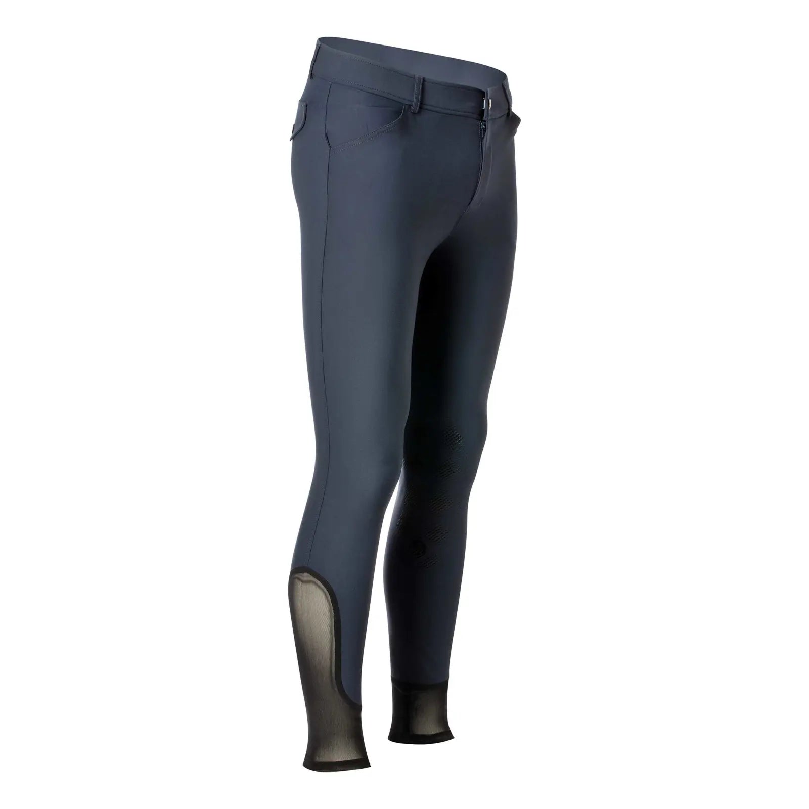 Angled front view of the navy Equinavia Karl Men's Knee Patch Breeches on a white background