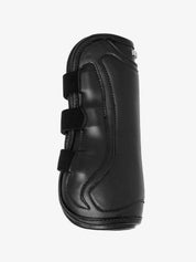 Front view of a black LeMieux Capella 3 Strap Tendon Boot on a white background