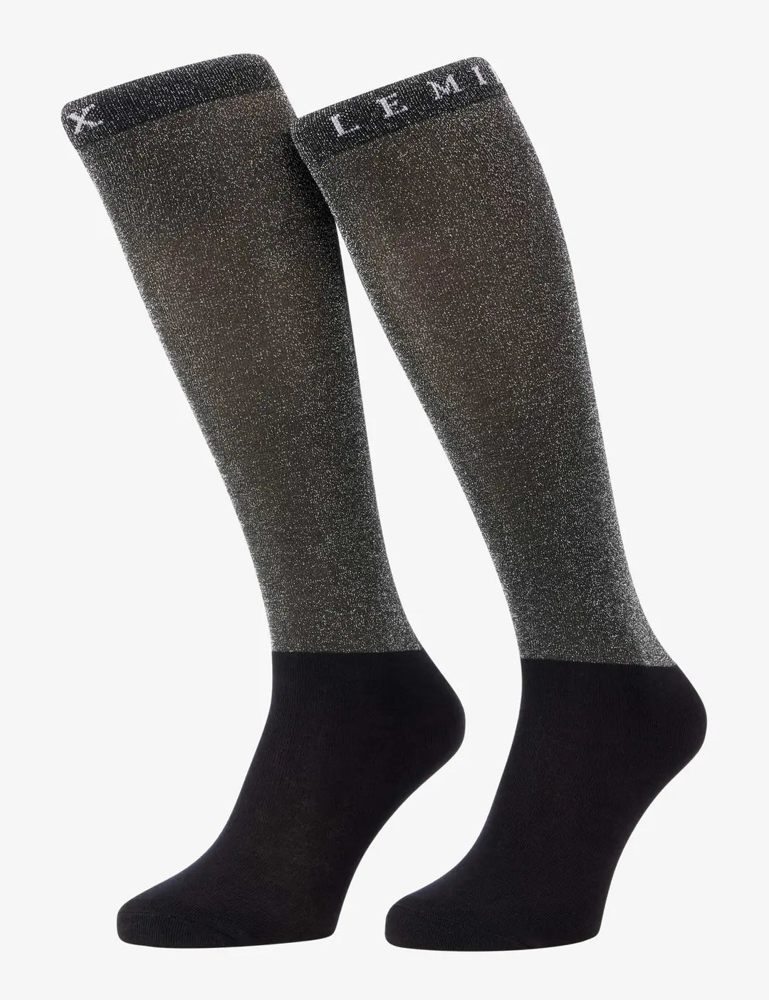 Side view of a pair of black LeMieux Brilliance Competition Sock on a white background