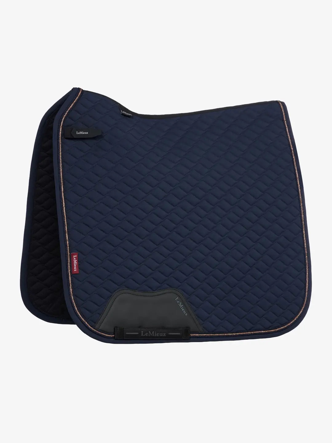 Side view of the navy LeMieux Brilliance Dressage Square on a white background