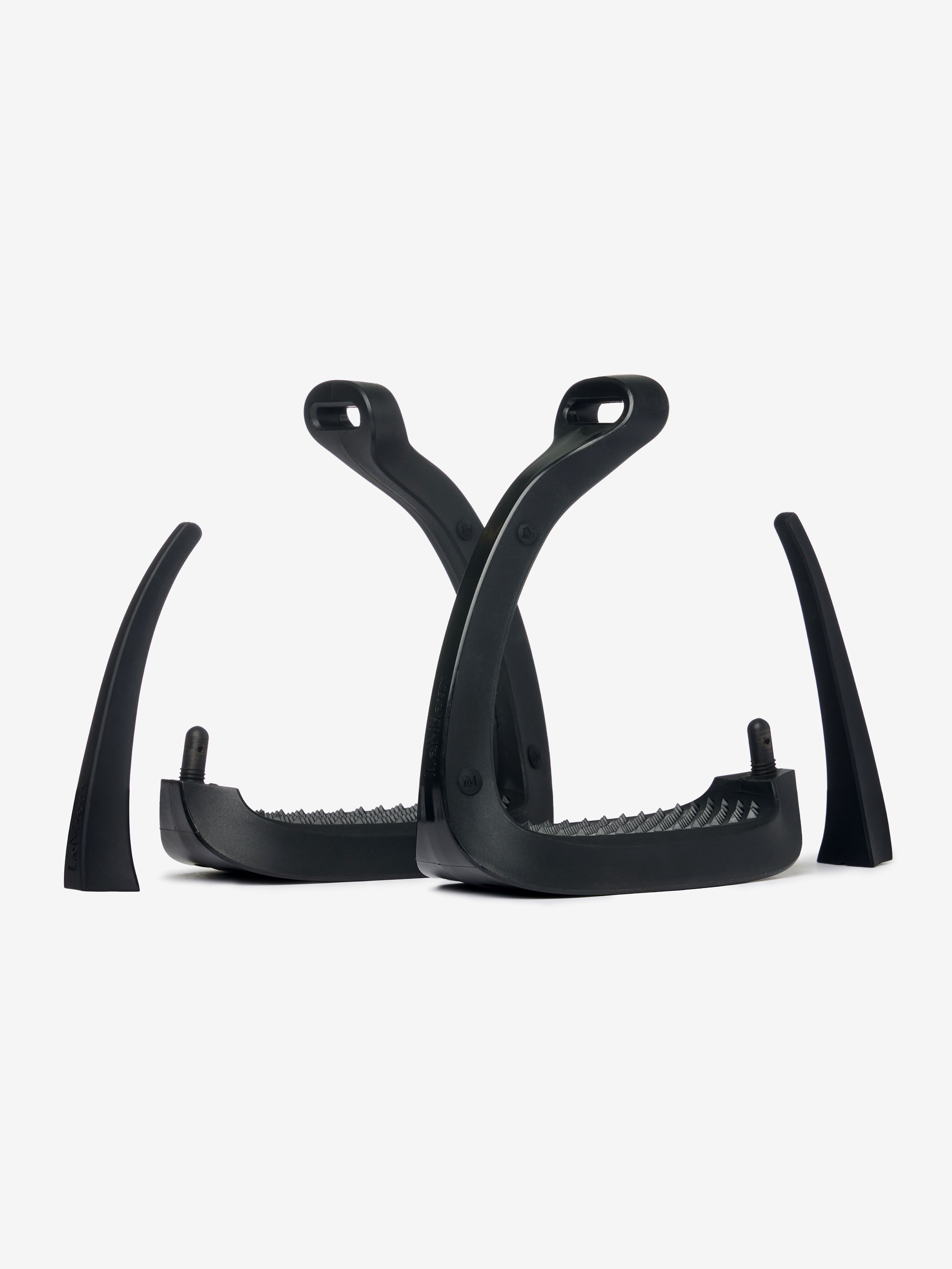 View of a pair of LeMieux VectorFlex Stirrups on a plain background