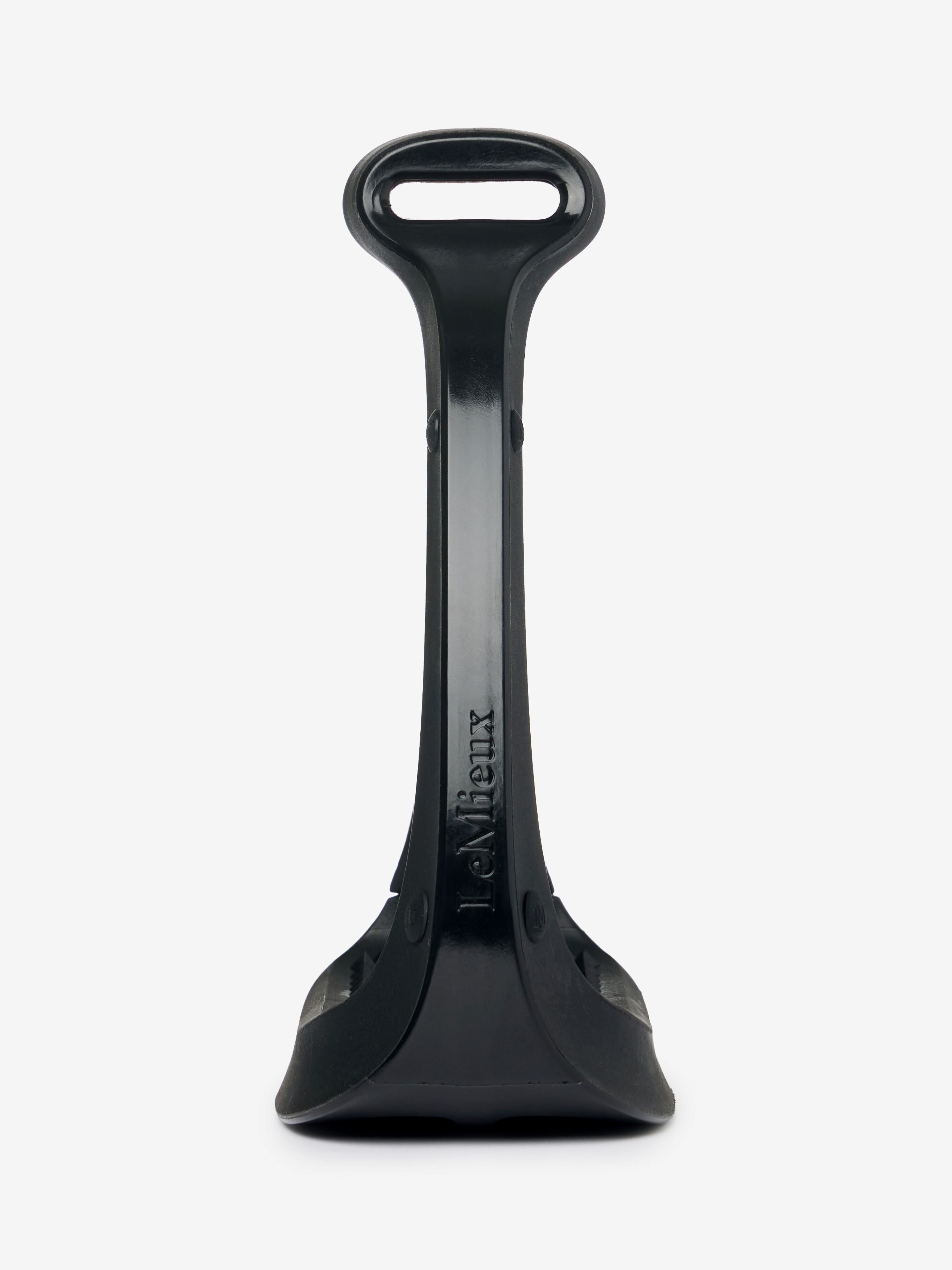 Side view of a LeMieux VectorFlex Stirrup on a plain background