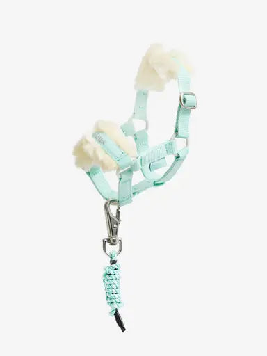 Light blue woven toy pony halter with fleece padding and clipped on leadrope shown on a plain white background