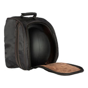 Angled front view of the Black Equinavia London Pro Helmet Bag with a helmet inside on a plain background