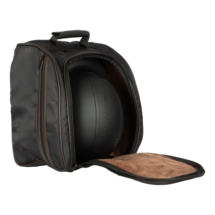 Angled front view of the Black Equinavia London Pro Helmet Bag with a helmet inside on a plain background