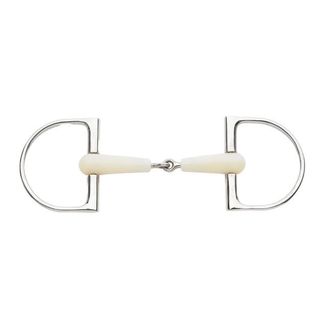 Stainless steel metal dee ring horse bit with rubber coating shown on a plainwhite background