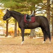 Side view of a horse wearing the Burgundy Equinavia Bergen Crystal Dressage Saddle Pad under a black saddle outside