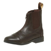 Angled side view of the brown EquiStar Kids All Weather Zip Paddock Boot on a white background