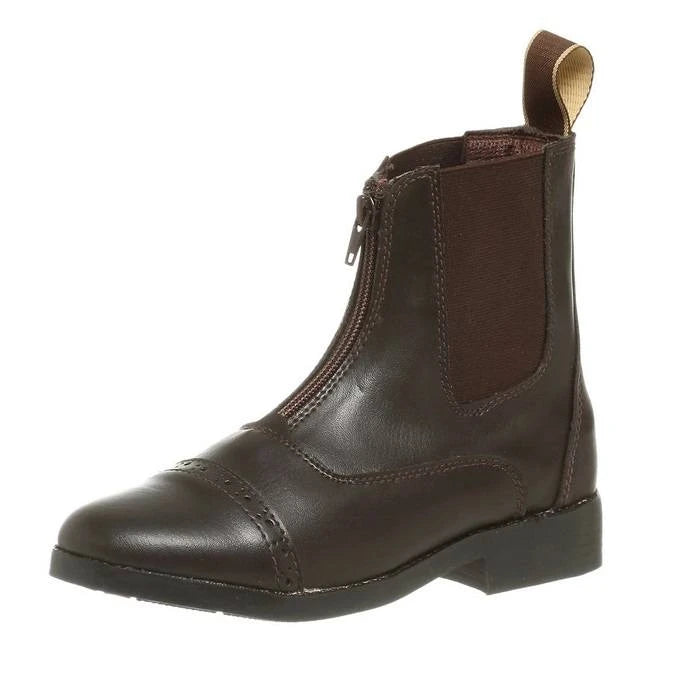 Angled side view of the brown EquiStar Kids All Weather Zip Paddock Boot on a white background
