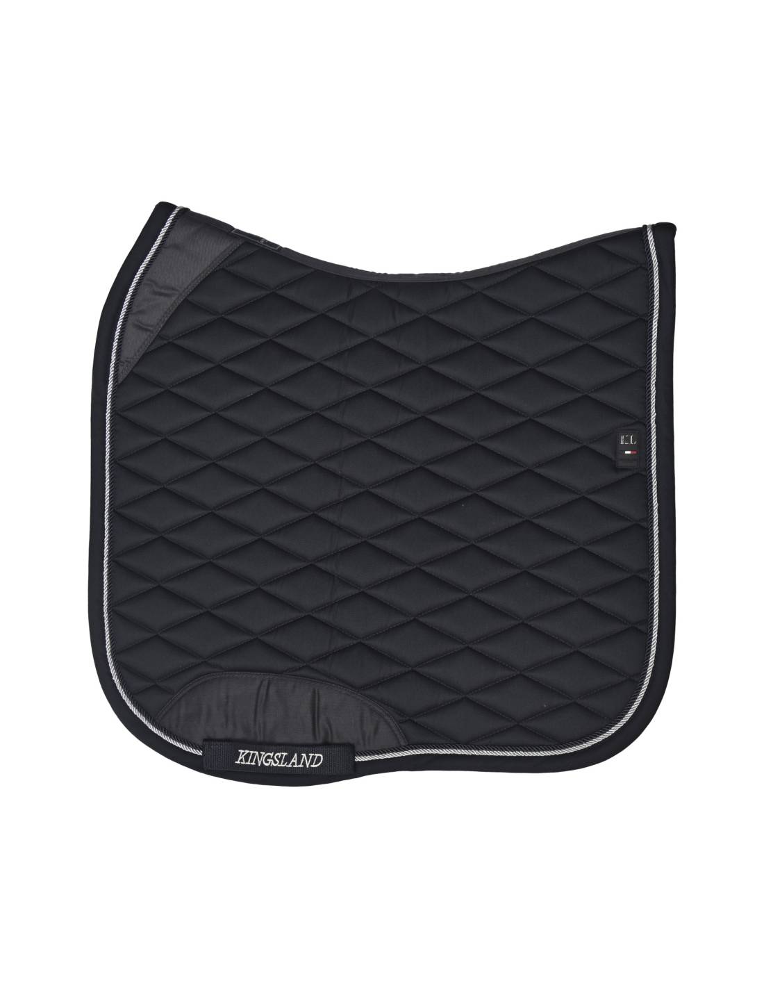Dark navy quilted dressage saddle pad with silver piping and logo shown on a plain white background