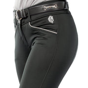 Close-up angled front view of a female model wearing the Black Equinavia Astrid Winter Full Seat Breeches on a white background