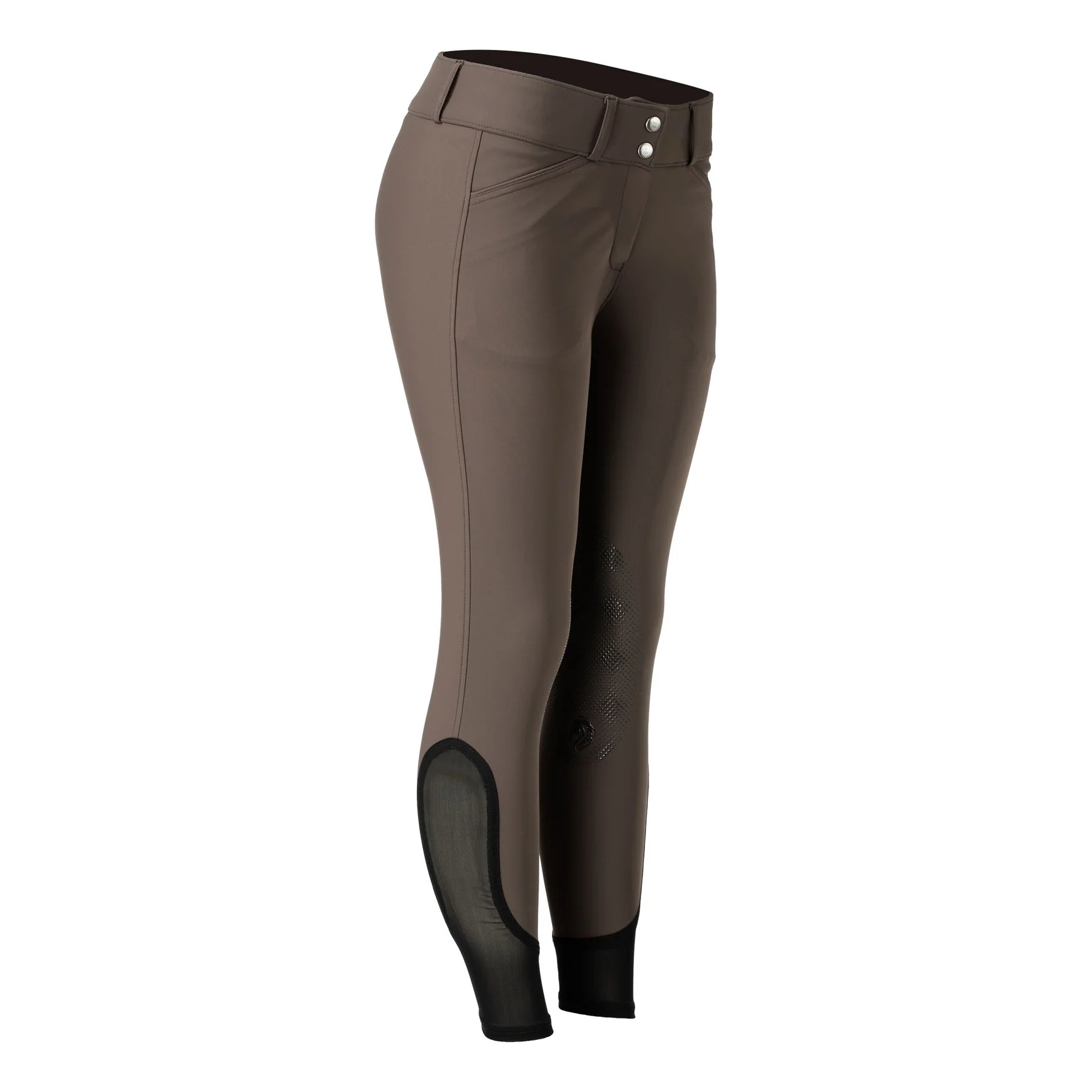 Angled front view of the Dark Brown Equinavia Maud Tech Knee Patch Breeches on a plain background