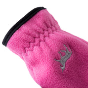 Close-up view of a Deep Coral Pink Horze Kids Fleece Glove on a white background