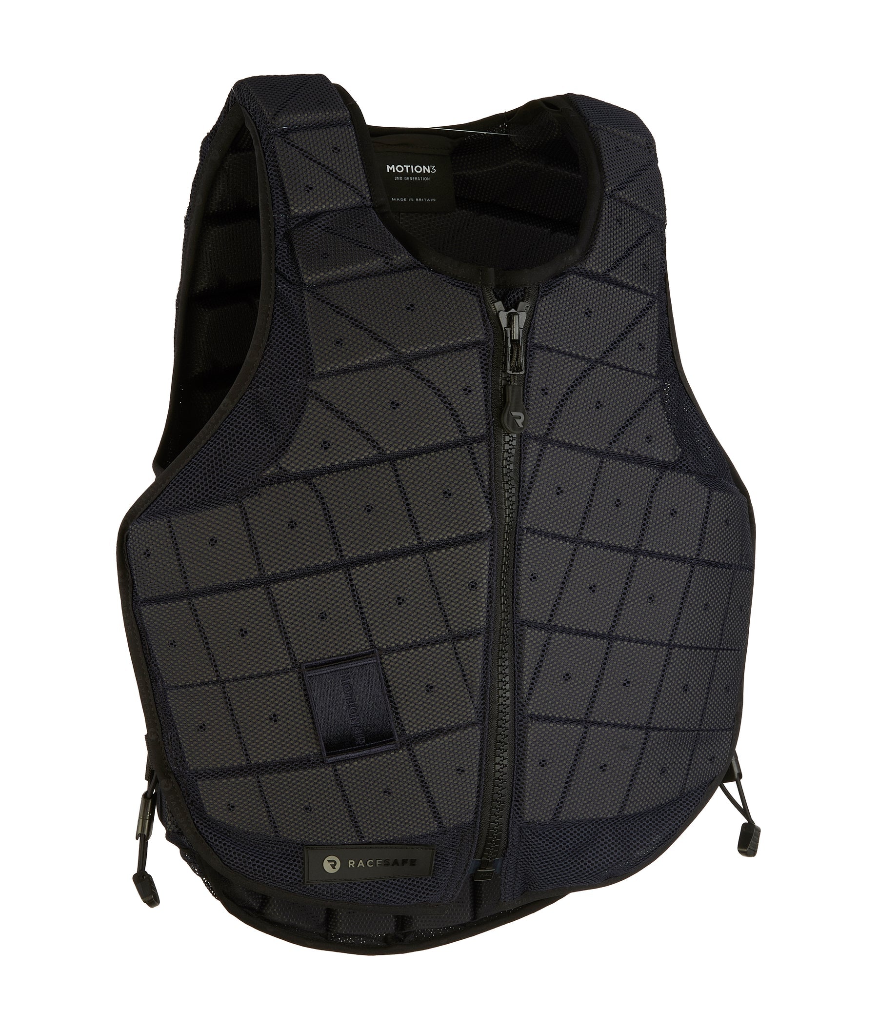 Front view of the Navy RaceSafe Motion3 Body Protector on a plain background