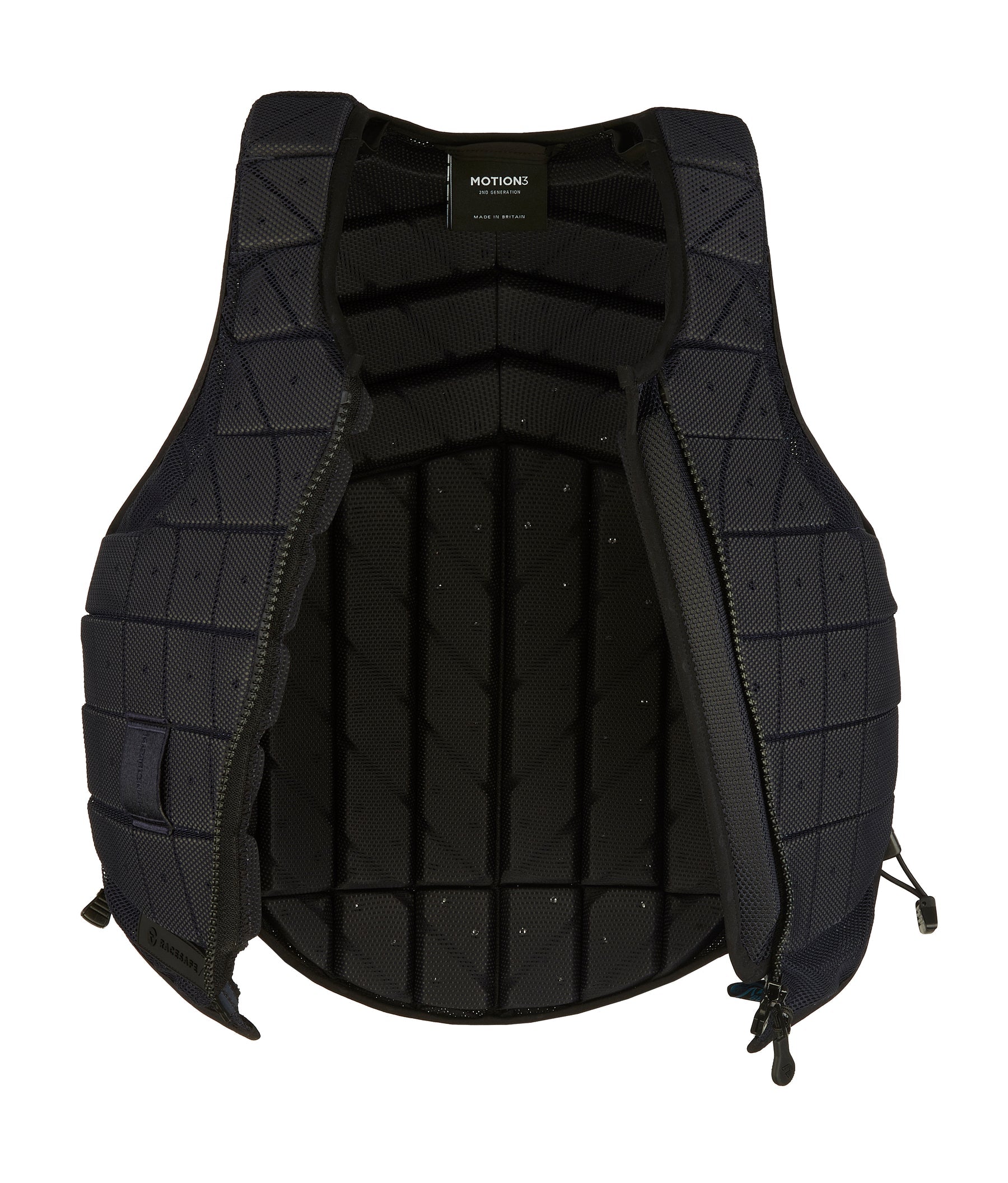 Front, open view of the Navy RaceSafe Motion3 Body Protector on a plain background
