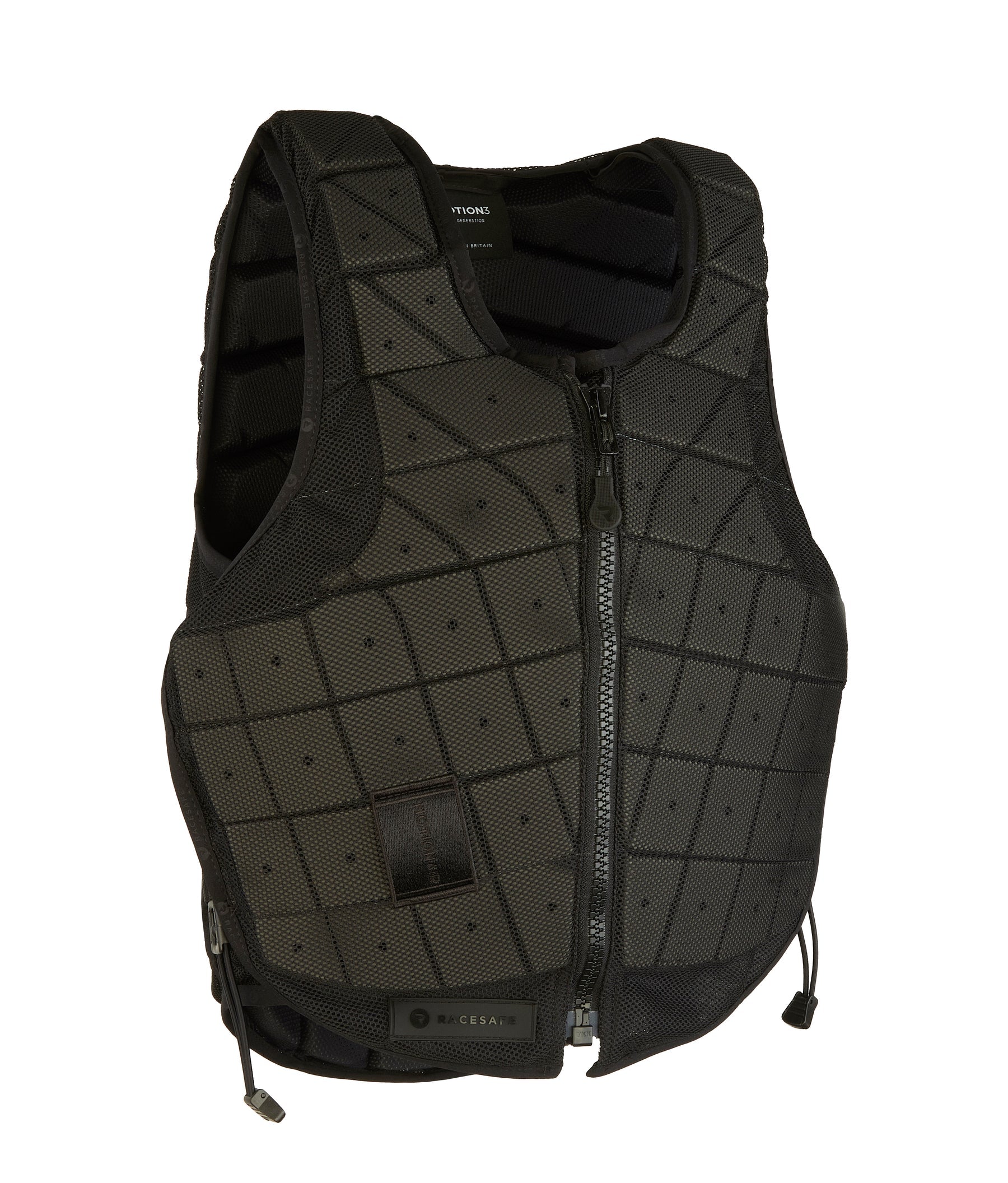 Front view of the Black RaceSafe Motion3 Body Protector on a plain background