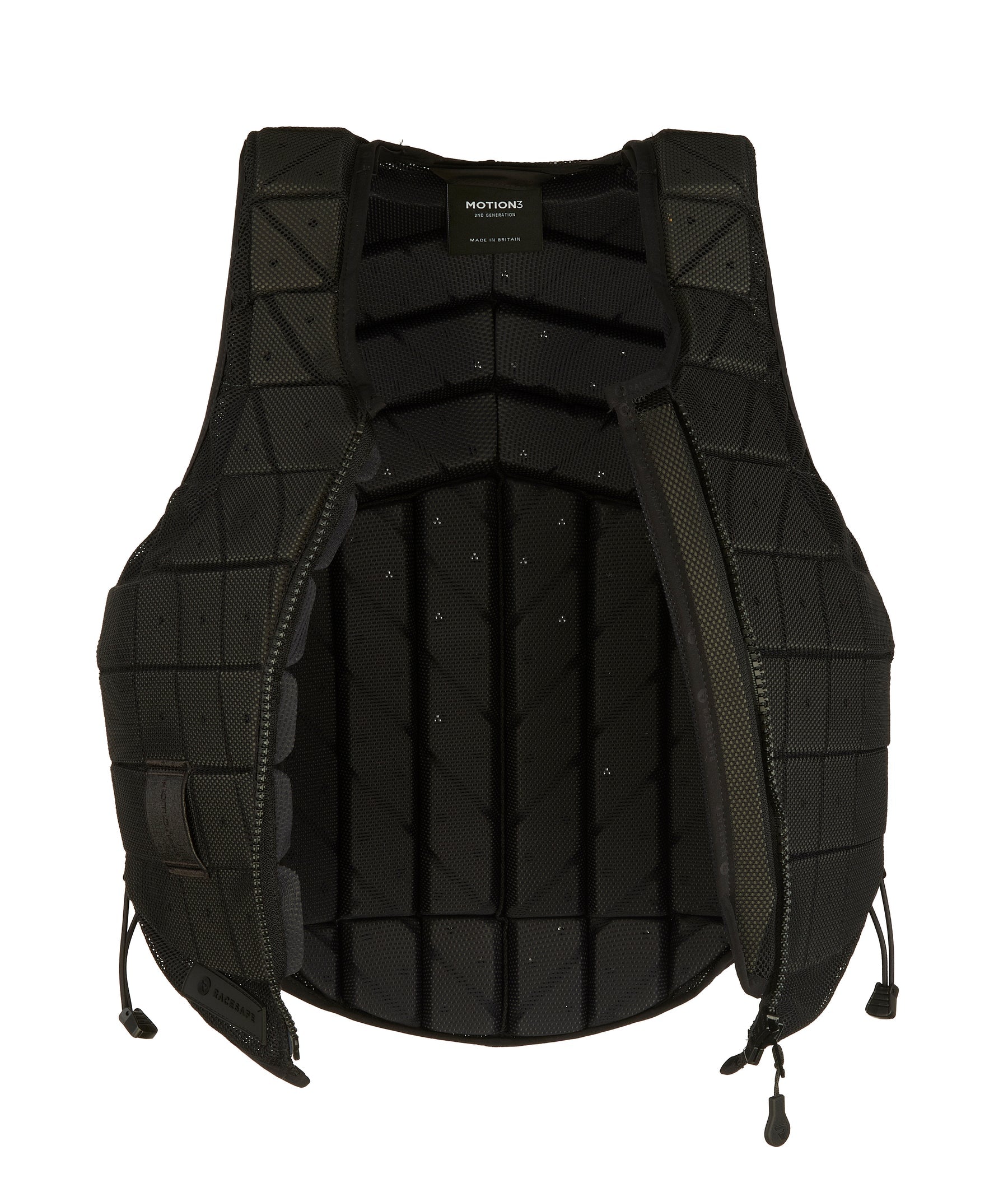 Front, open view of the Black RaceSafe Motion3 Body Protector on a plain background